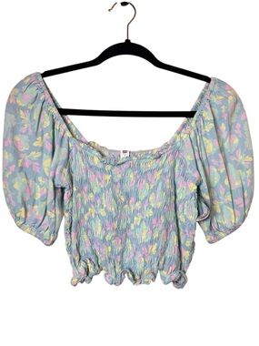 bp Small Pastel Floral Smocked Off-Shoulder Crop Top - Blue/Pink/Yellow